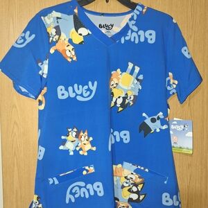Bluey Scrub Top Short Sleeve With Pockets  - Blue